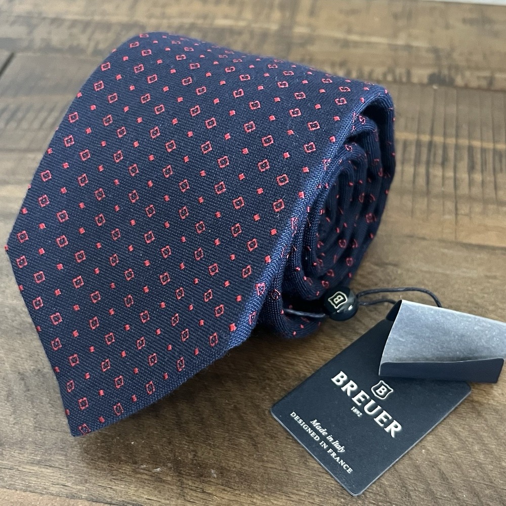 Cartier Breuer 100% Silk Navy Red Dot Necktie Mens Navy Blue Made in Italy‎ NWT